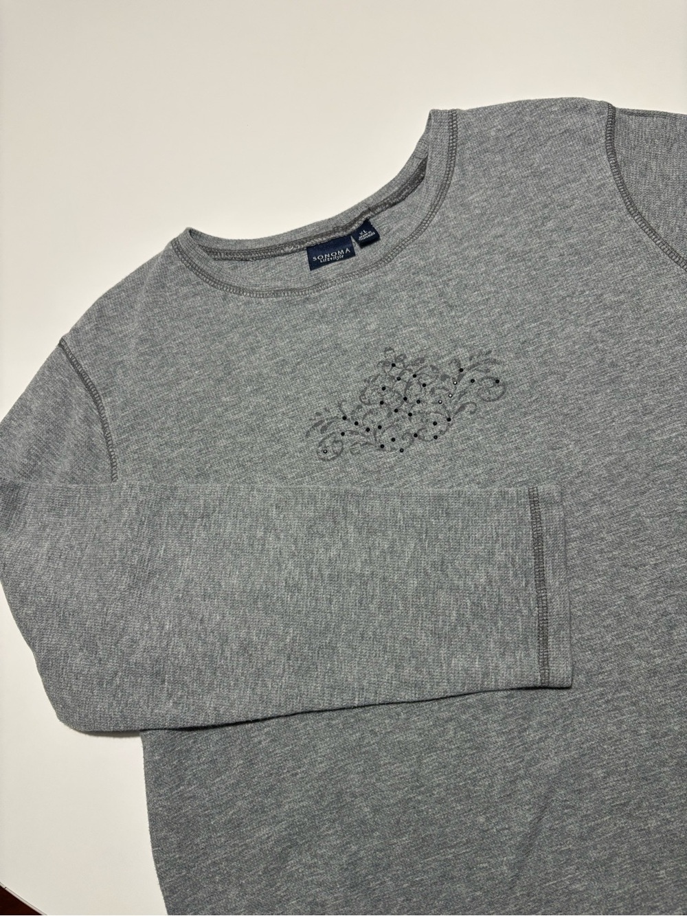 Sonoma Grey & Black Rhinestone Waffle Knit Thermal Cotton Long Sleeve